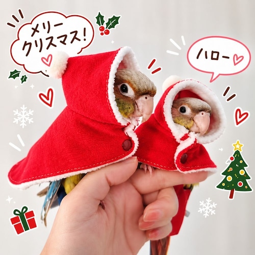 鳥 服 クリスマス ケープ サンタ コスプレ 小鳥用 マント フード付き ボア素材 秋冬 ペットウェア インコ セキセイインコ ボタンインコ コザクラインコ ウロコインコ オカメインコ S M L かわいい クリスマス衣装 撮影用 レッド グリーン 商品画像3