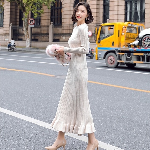 ４色 リブロングニットワンピース レディース 無地 長袖 ラウンドネック フィッシュテール 大人女子 大人上品 きれいめ カジュアル 普段着 街着 デート 女子会 Luna