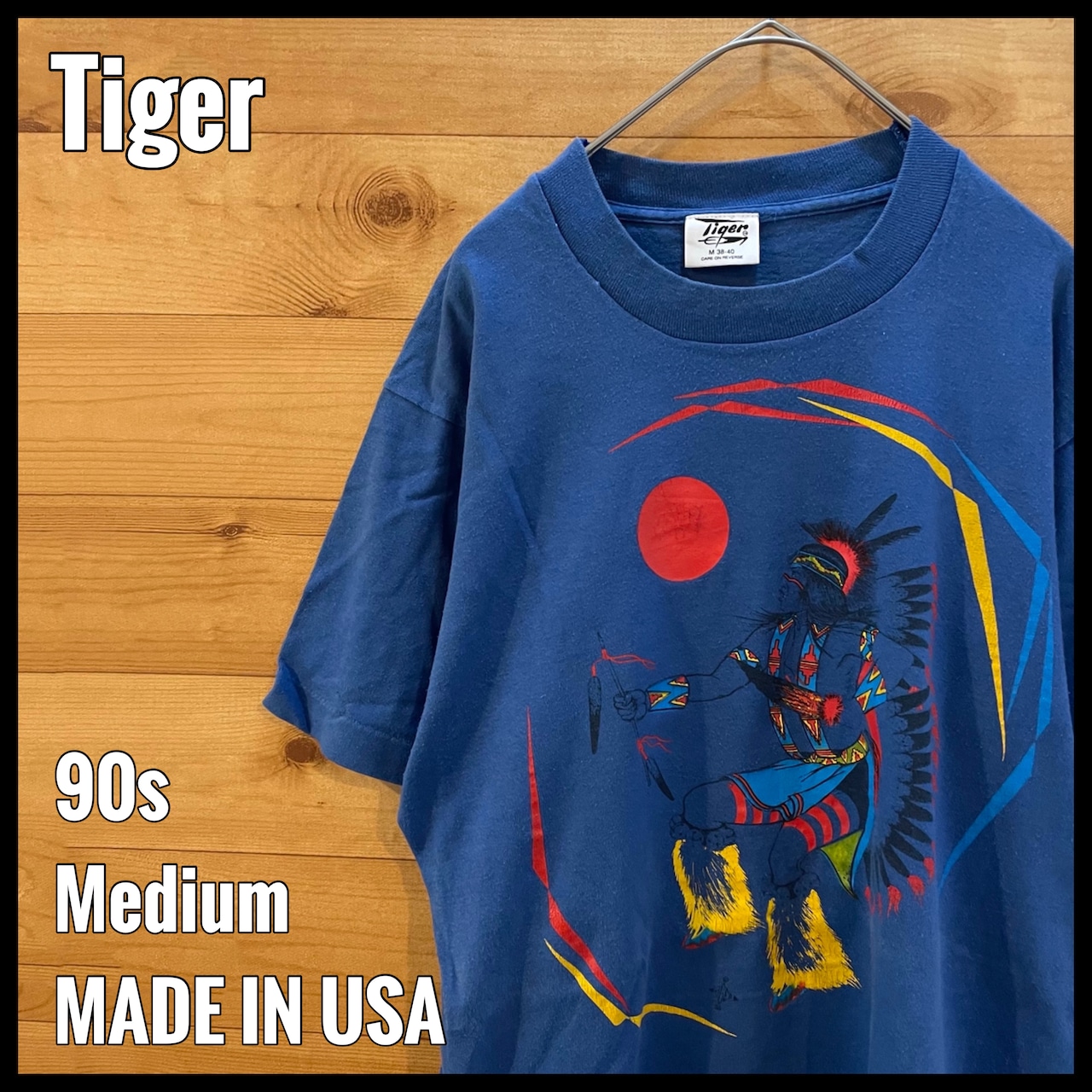 【Tiger】90s USA製 イラスト プリント Tシャツ インディアン M ビンテージ US古着