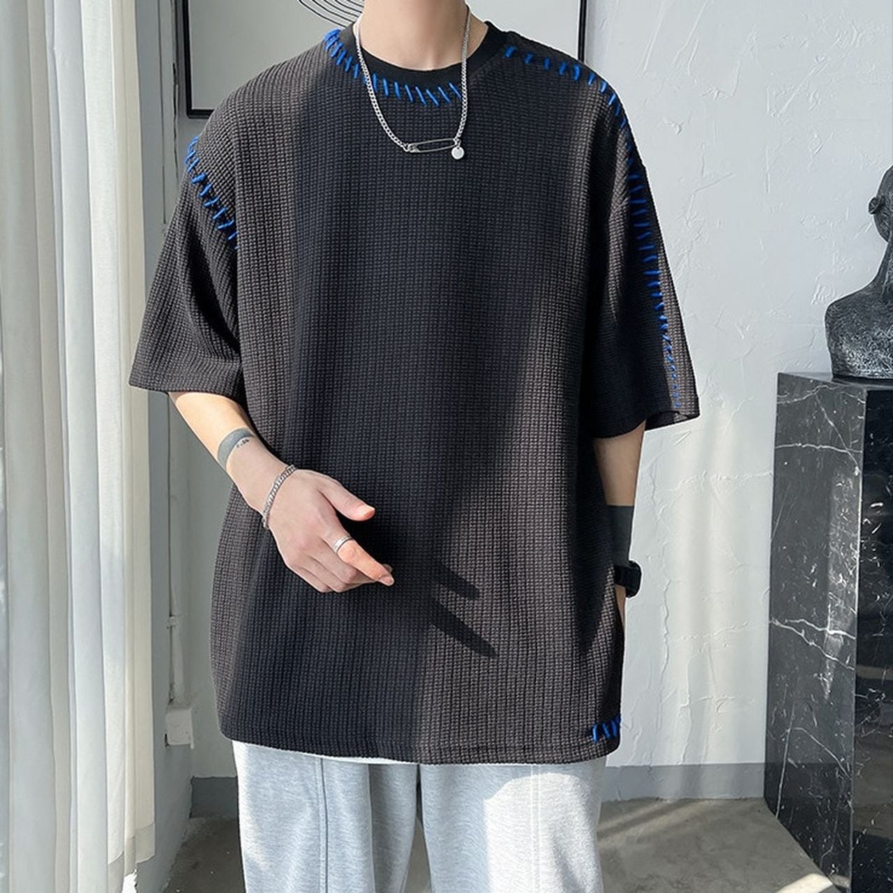 Waffle-knit 3/4-sleeve T-shirt(MT1573)