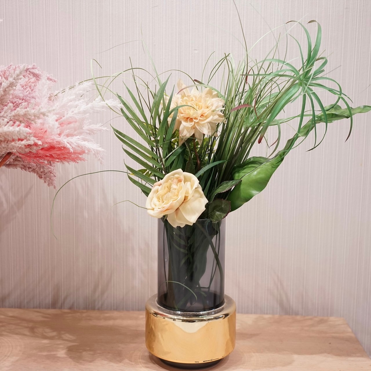 輸入品 フラワーベース 2個セット 造花付き 花瓶 ガラス オブジェ 