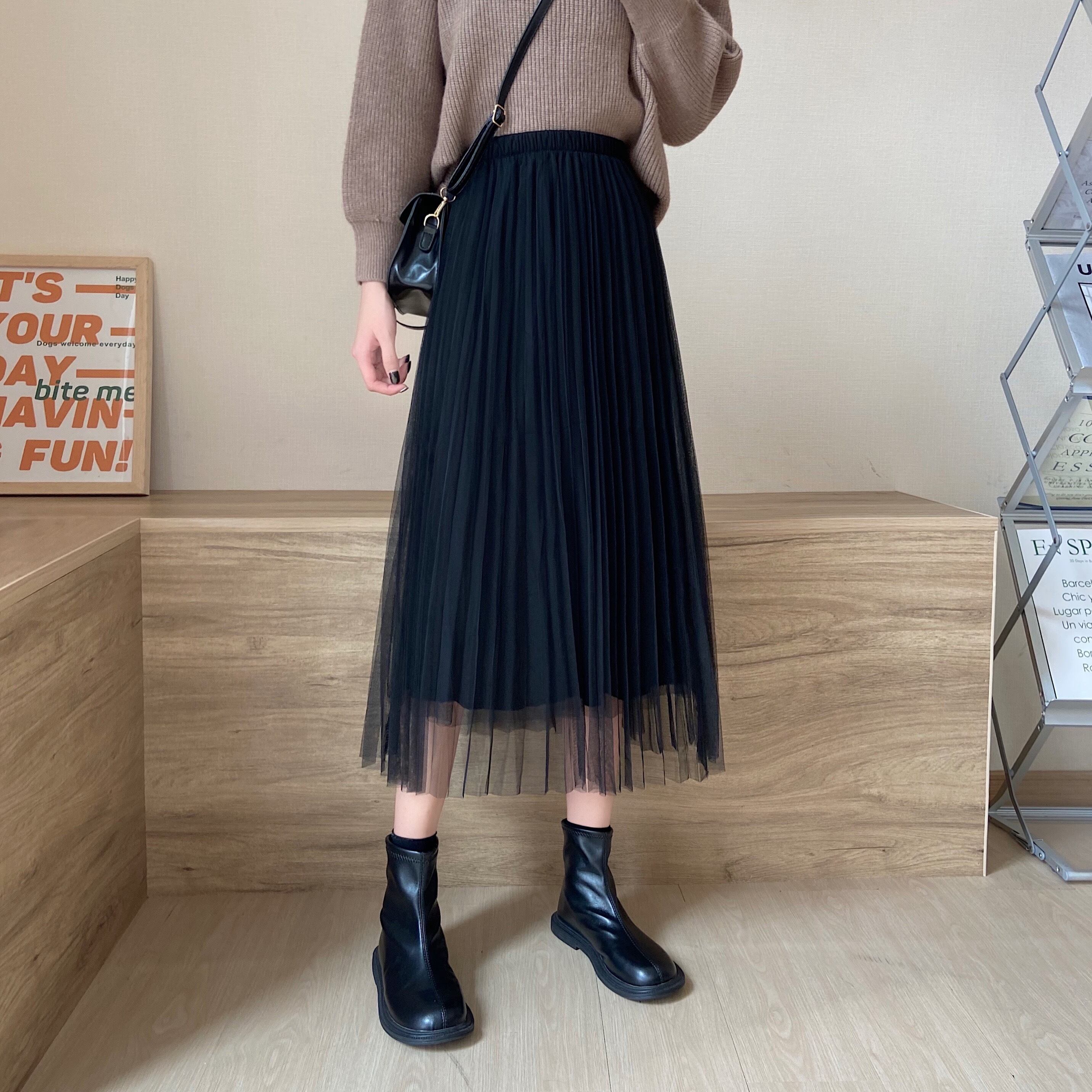 Aラインスカート スプリングオータムハイウェスト薄手プリーツ 春物 秋物 1号婦人86404860649