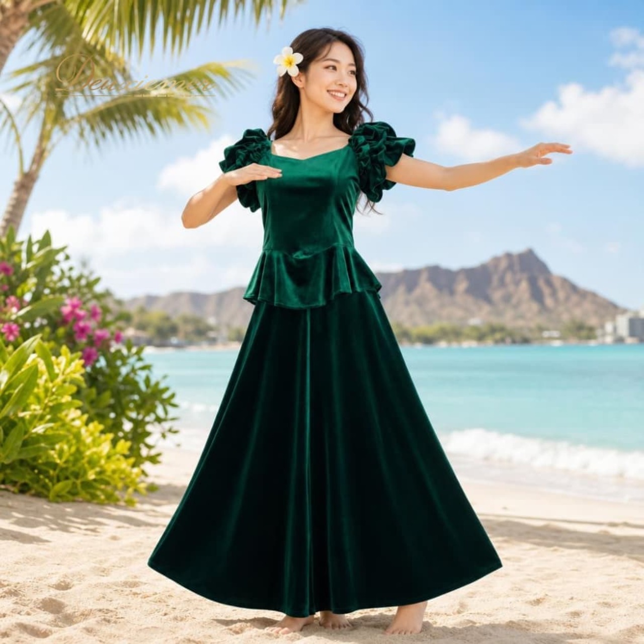 フラダンス 衣装 Aloha Kids アロハキッズ ツーピース セットアップ 上下セット グリーン系 緑 ベロア生地 光沢感 高級感 フリル フレアスカート ハワイアン アロハ フラ ダンス レッスン 練習 ハワイアンダンス 無地 シンプル 華やか 鮮やか かわいい おしゃれ 上品 大人っぽい