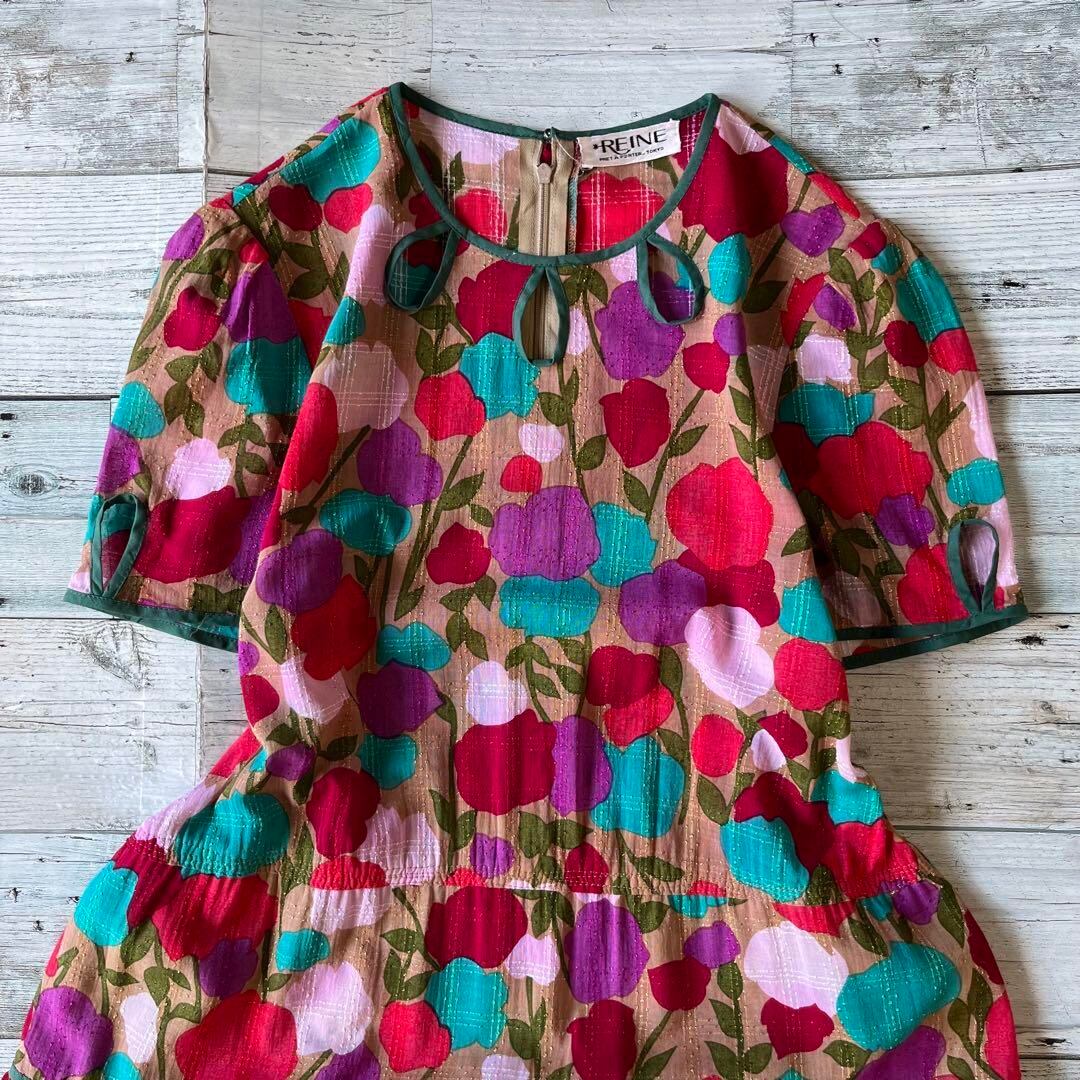 昭和レトロカラフル花柄半袖ロングワンピース派手柄ヴィンテージ  