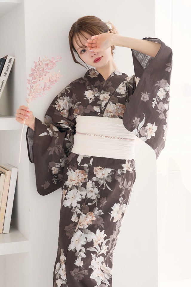 高級浴衣4点set洋花の月下美人(ブラウン地)【兵児帯クリーム】Y5-24