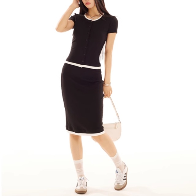 Short Sleeve Cardigan & Skirt Setup E6182