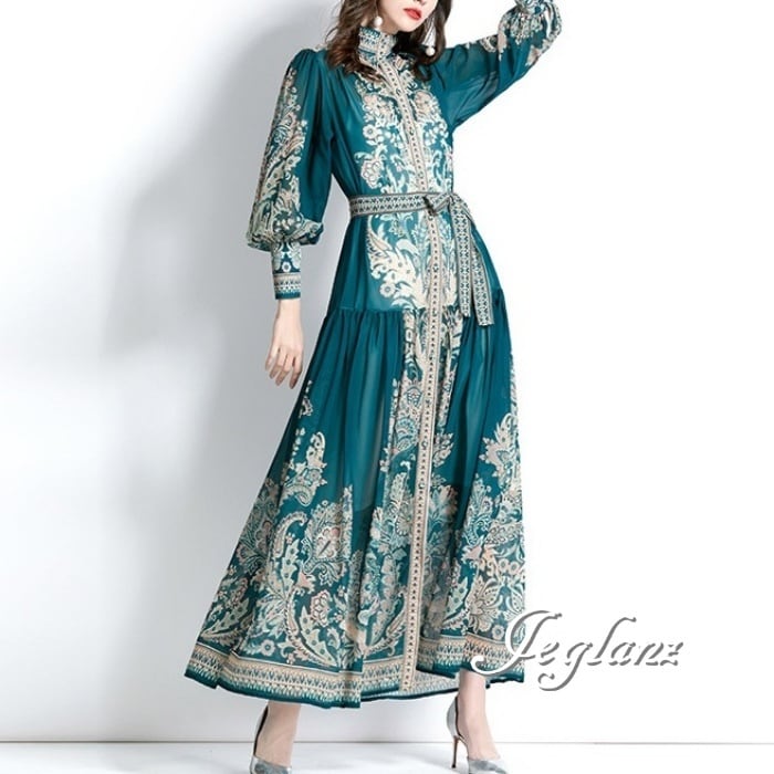 マキシ丈 ワンピース スタンドカラー ボタン きれいめ 共ベルト 3色(M4376)γα