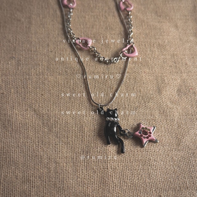 ハンドメイド 黒猫 ピンクスター レトロ セット ネックレス