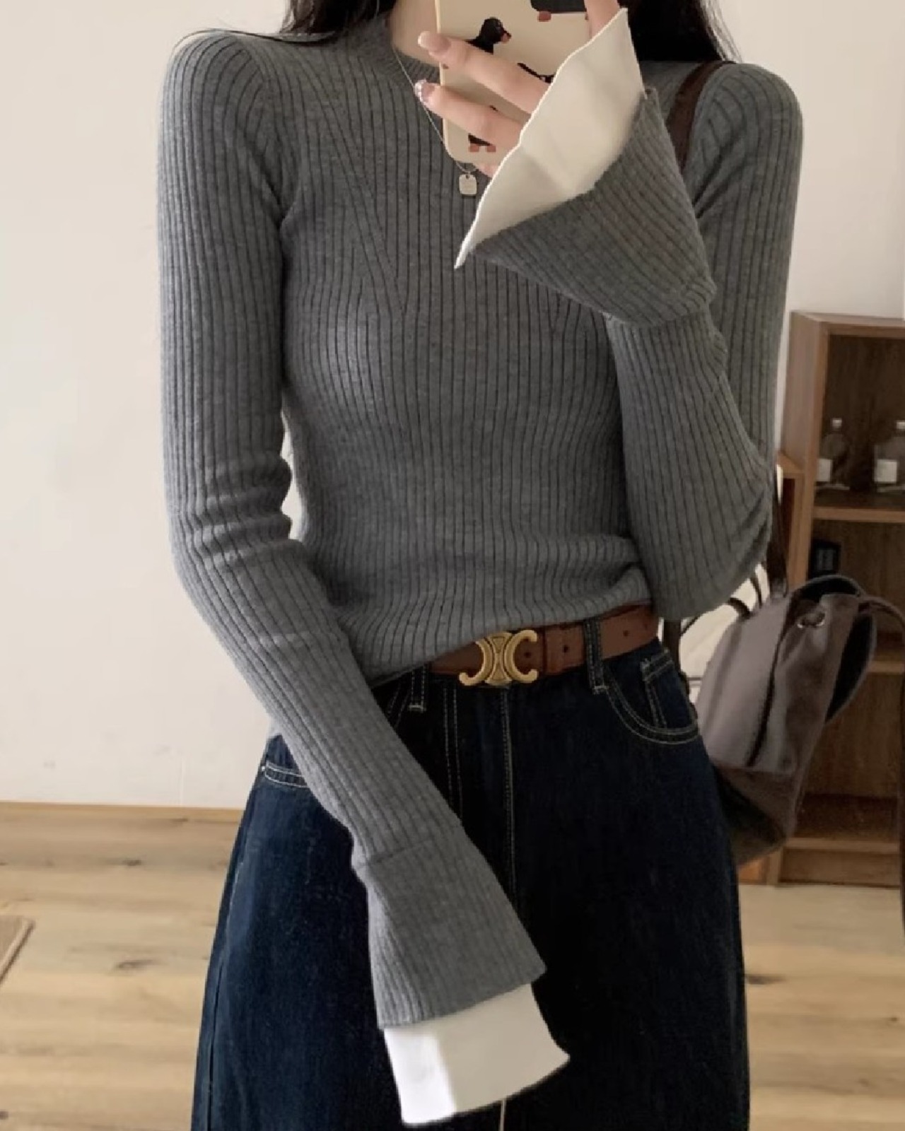 フレアスリーブ クルーネック リブニット 2color A0834 - 19