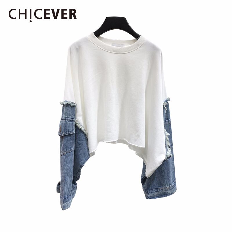 春夏パターンラウンドカラー長袖デニムパッチワークプルオーバーストリートウェアスウェットシャツ女性 ロング スプリング 春物 サマー 夏物 6base560950113961