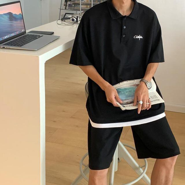 【予約販売】メンズ セットアップ 上下 ハーフパンツ 半袖ポロシャツ 無地 グレー ブルー ブラック グリーン カジュアル 春夏 M/L/XL/2XL