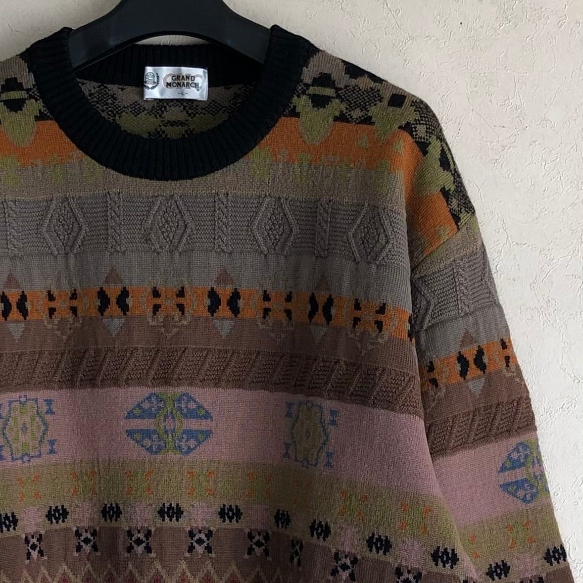 【Lサイズ】90's GRAND MONARCH by mizono ゴルフライン マルチカラー マルチ柄 ニットセーター