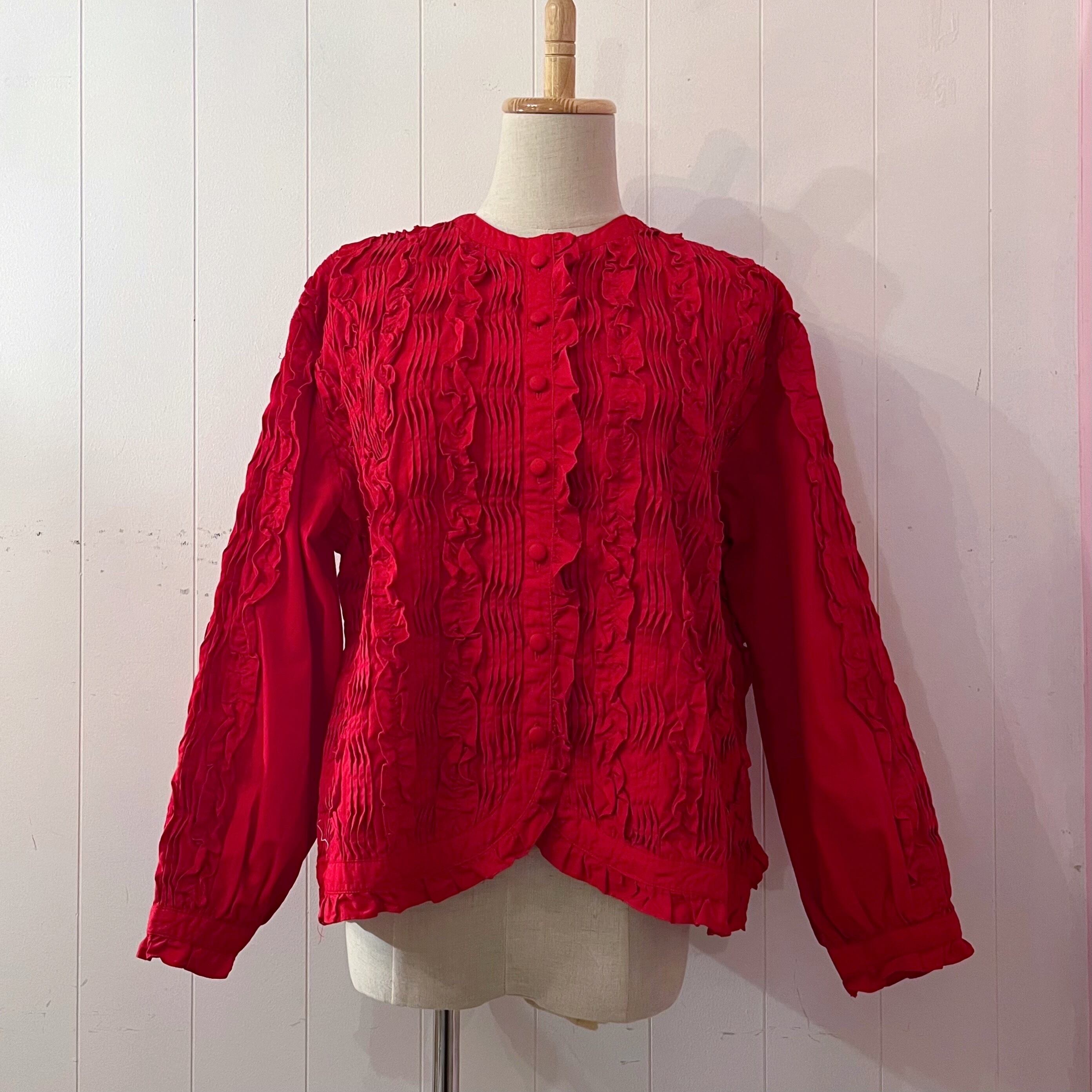 red frill pintuck cotton blouse