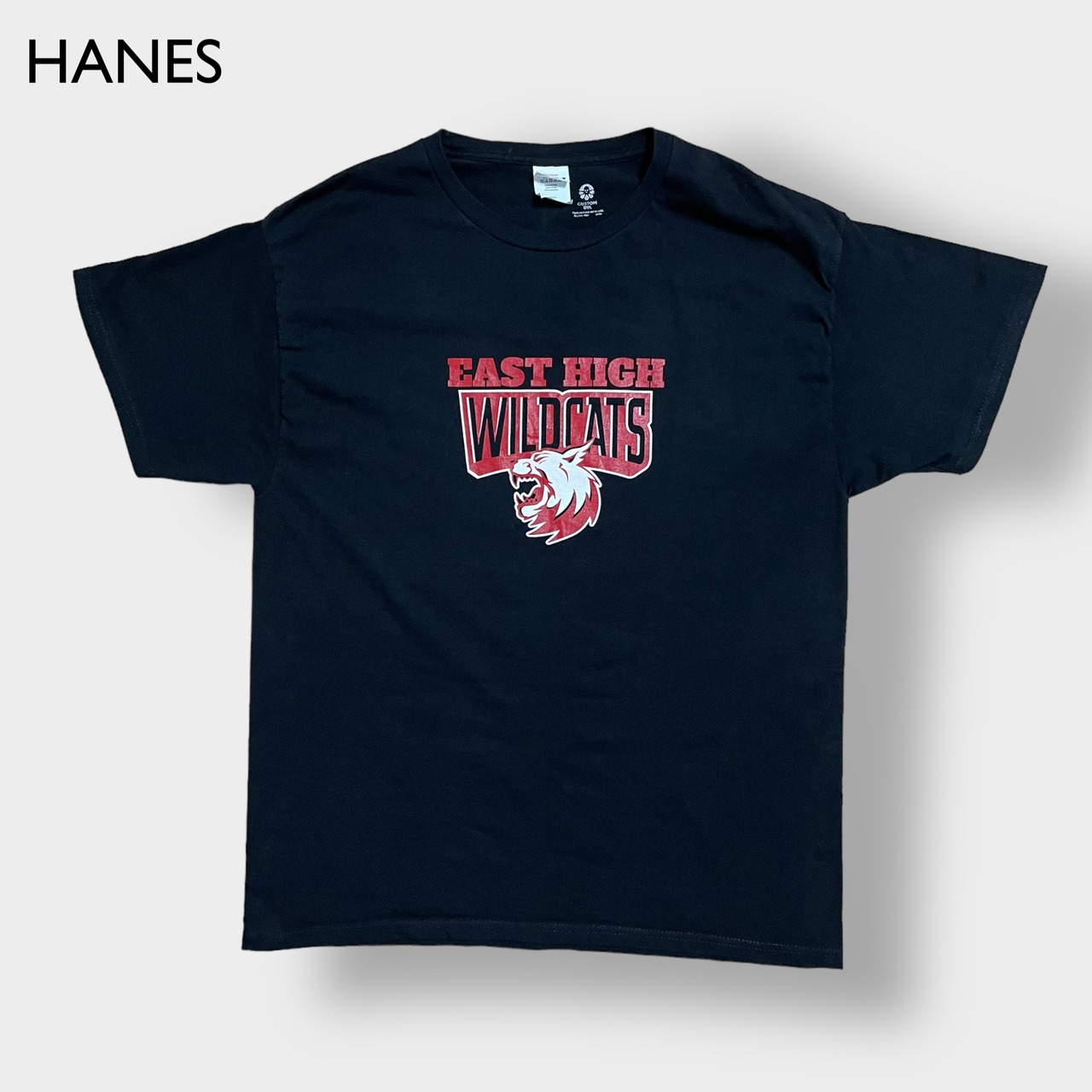 【HANES】EAST HIGH WILDCATS 高校 プリント Tシャツ ロゴ 黒t ナンバリング バックプリント ワイルドキャット 半袖 夏物 us古着