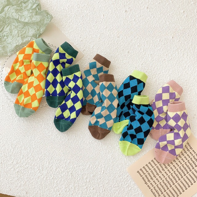 【即納】チェック柄のクルーソックス 5足セット