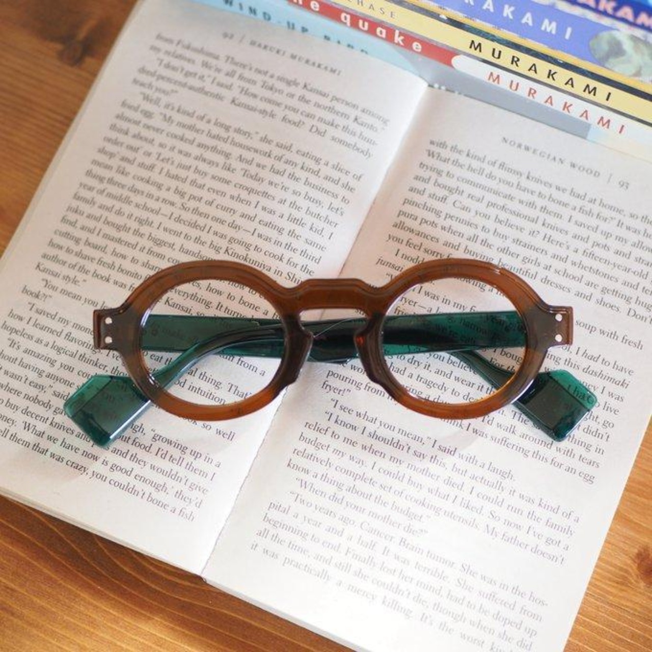 レトロスタイル眼鏡フレーム｜厚みある個性派リム｜ブラウン×緑　＊老眼鏡や伊達メガネにおすすめ