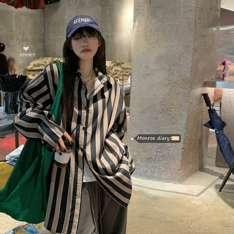 カジュアルシャツ トップス オータムストライプ ロング 秋物 モンロー49521336394