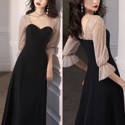 2色 パーティ ドレス ワンピース 星 コンビ 7分袖 マキシ/ミドル (O0861)ζ