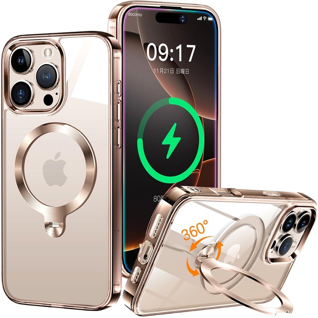 【デザートチタニウム専用色・360°回転スタンド】ZapNet iPhone 16 Pro 用 クリア ケース Magsafe 対応 [定点スタンド・超絶安定性][本体を再現・極透明]ストラップホール付き マグセーフ ワイヤレス充電対応 黄変防止 米軍MIL規格取得・耐衝撃 アイホン16 Pro ケース マホケース16 Pro 人気 6.3インチ(デザートチタニウム)