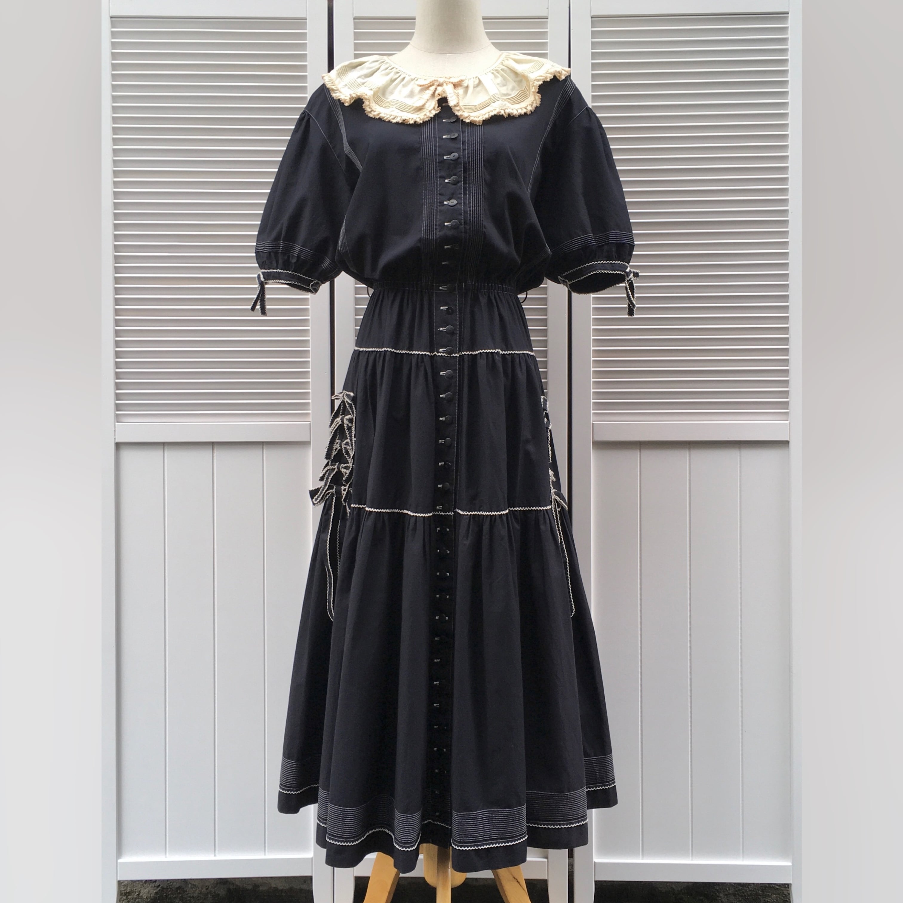 90s KANEKO ISAO white stitch ribbon design dress〈レトロ古着