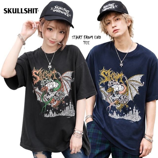 【予約品】SKULLSHIT スカルシット「30TH “START FROM END” TEE」半袖Tシャツ ドクロ 蛇ヘビ コウモリ メンズレディース 黒ブラック 紺ネイビー 2L 3L XXL バイカー パンクロック PUNKROCK ハードコア HARDCORE メタル METAL バンド フェス 骸骨祭り ステージ衣装 Rogia