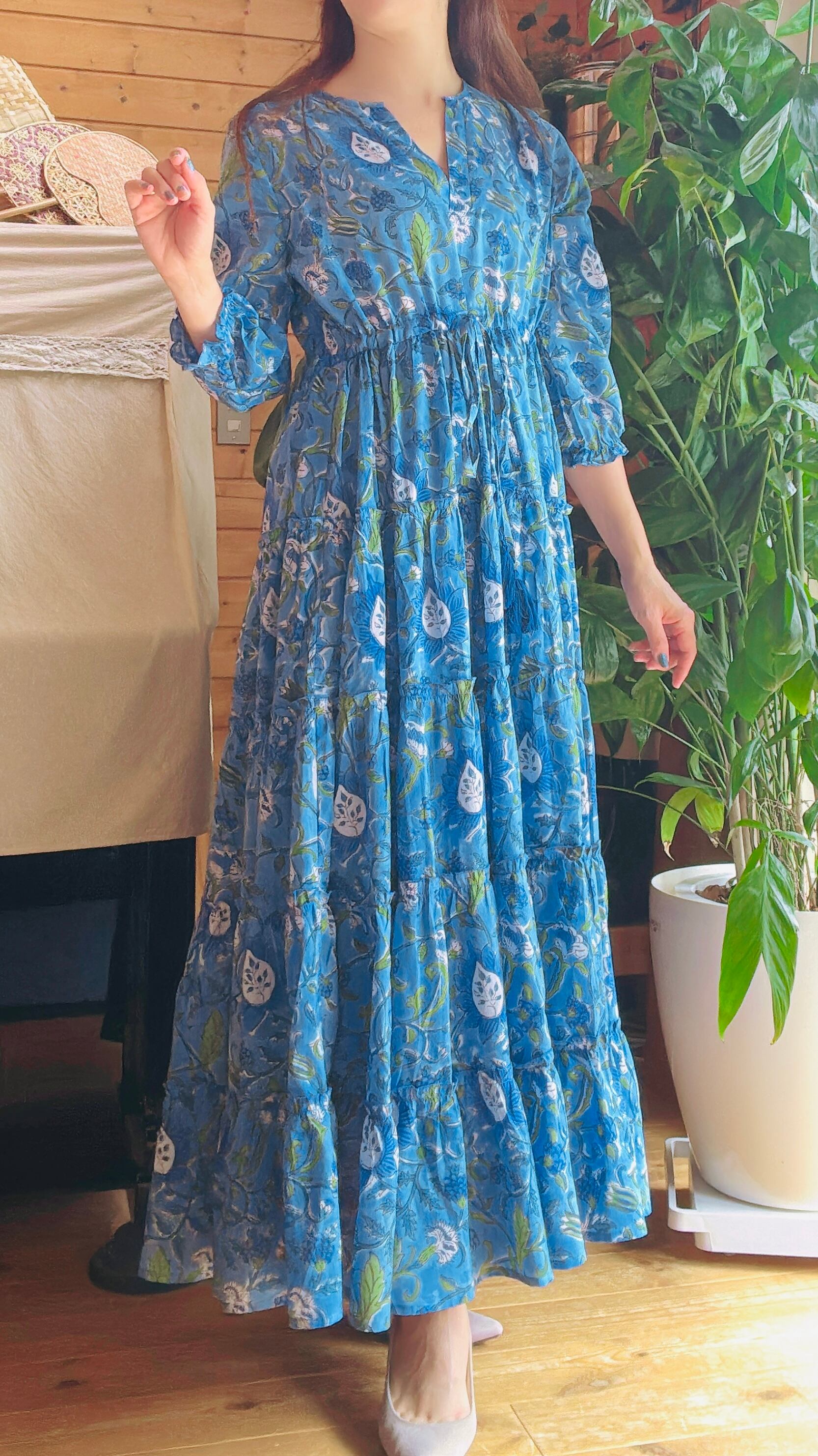 ブロックプリントワンピース/バルーンスリーブワンピース✳︎ホワイト