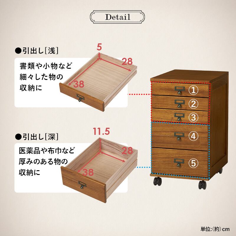 【組立式】キャスター付き書類チェスト 5段 B4サイズ収納可能 アンティーク 木目調 インテリア 3色展開 幅33cm