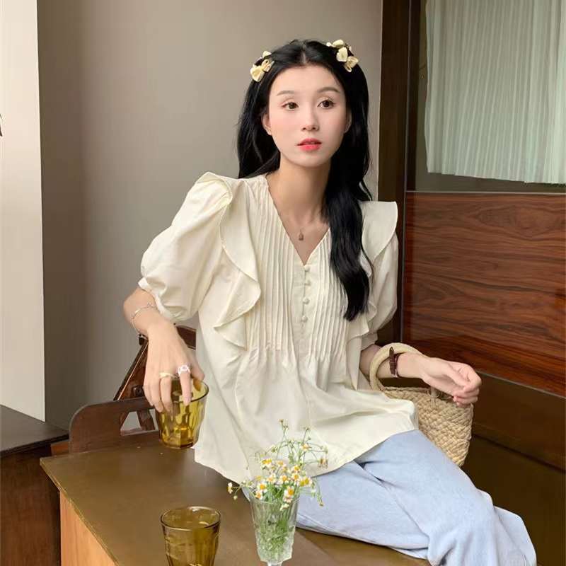 プリーツVネックブラウス　YY-003