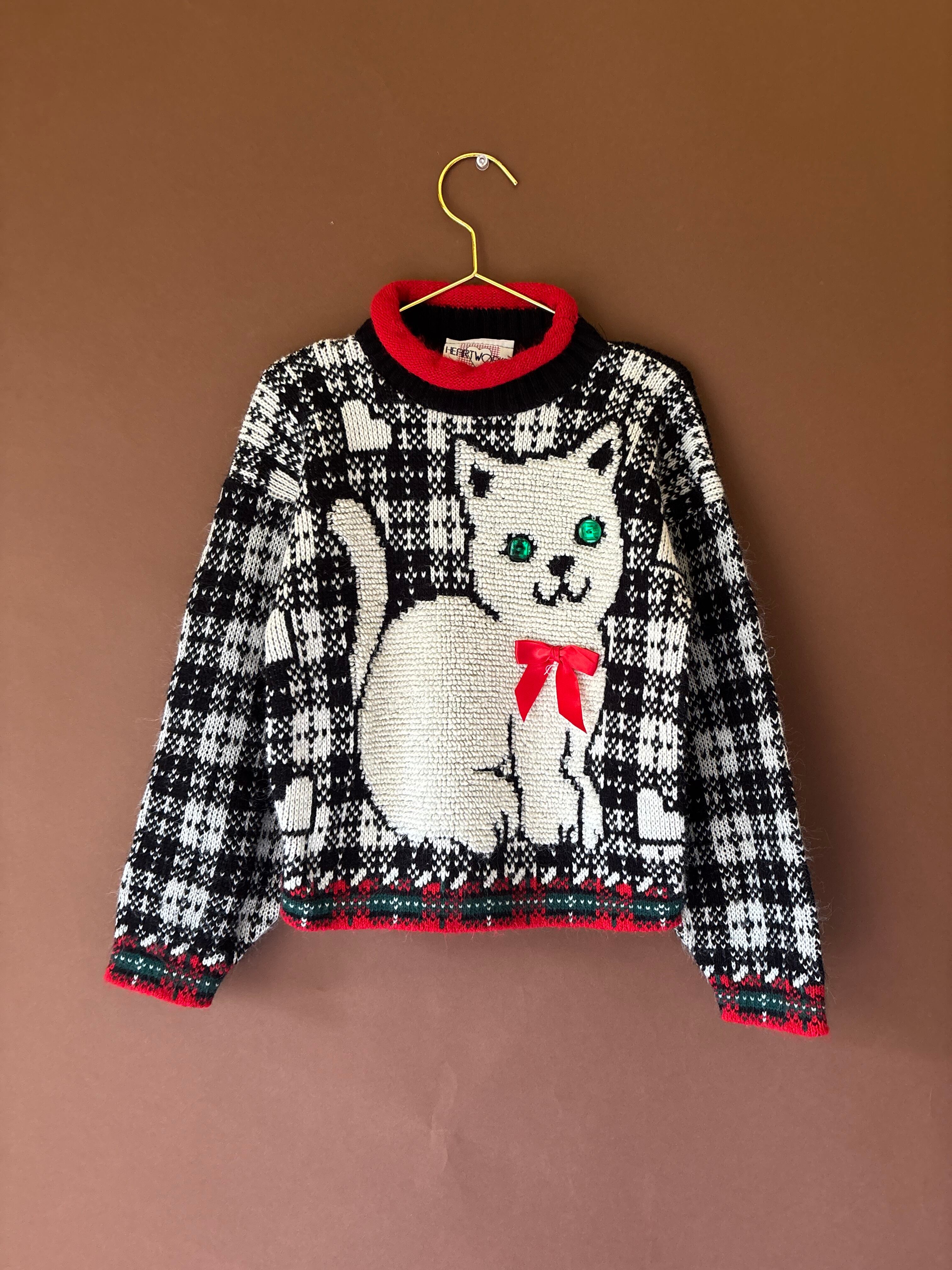 【KIDS vintage】green eye cat sweater. about 4y