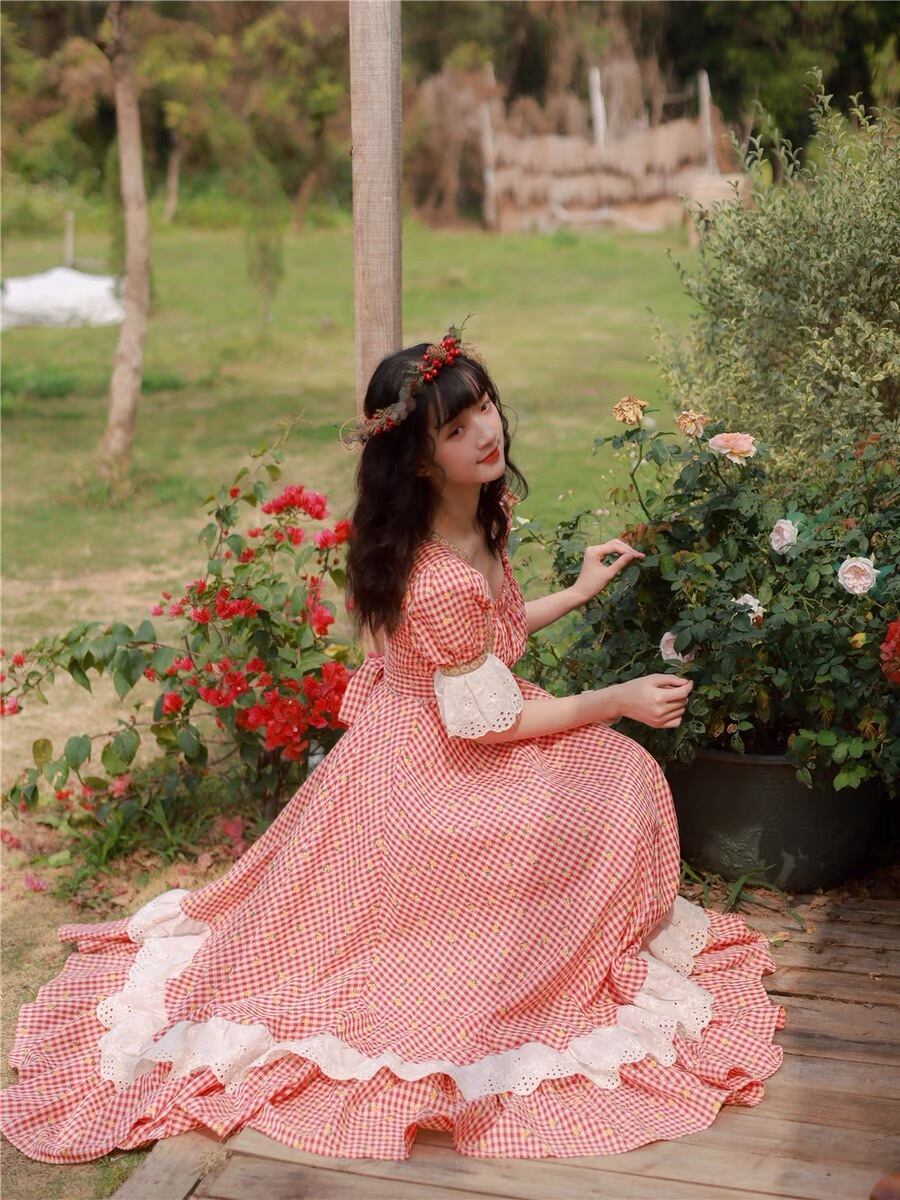 ワンピース 赤 チェック ワンピース エプロン ガーリー 可愛い フレア