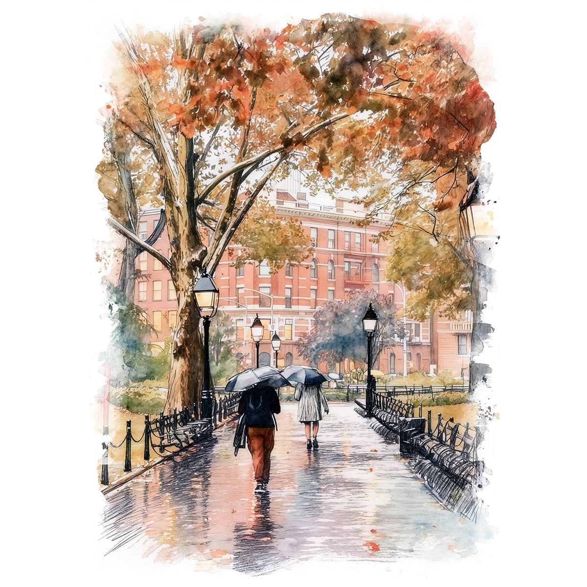 絵画 風景画(街並み) アメリカ ニューヨーク マンハッタン ワシントン・スクエア・パーク インテリアアート額付き 水彩画風 WAT1798