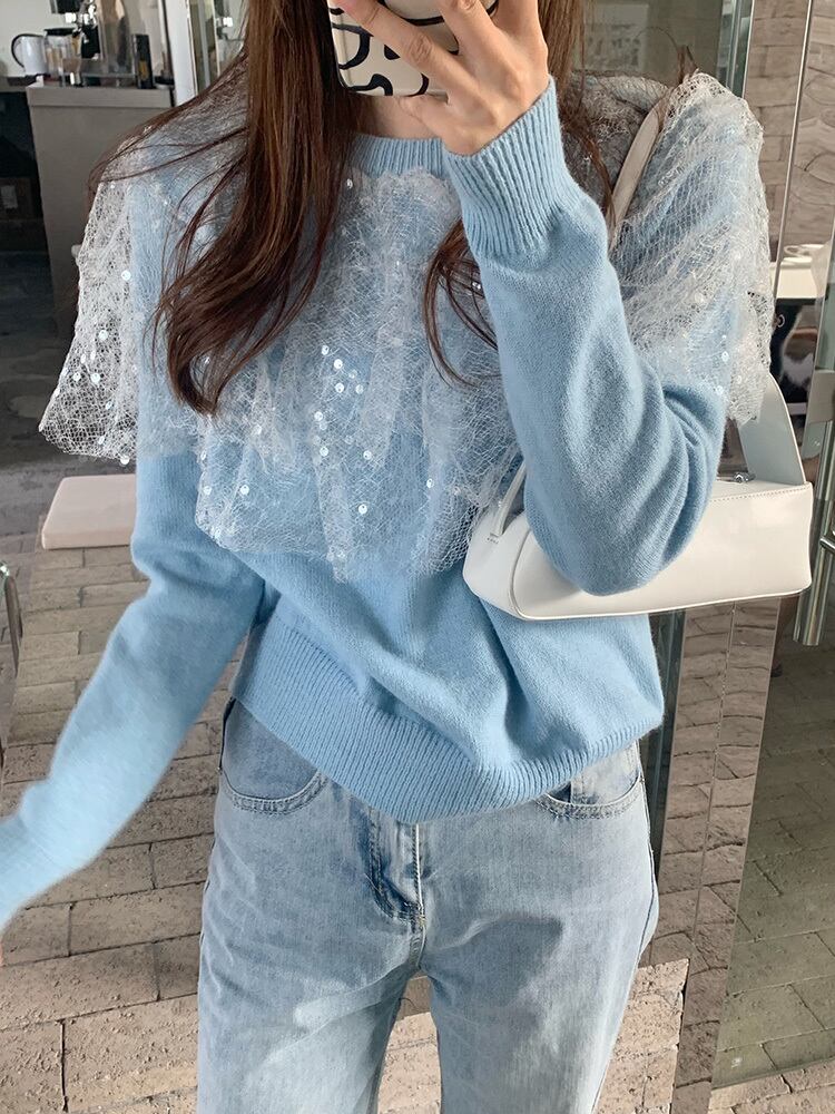 レースセーター オータムラウンドネックプルオーバー 秋物 Oネック ステッチ ビッグFスモールZ韓国22209973572