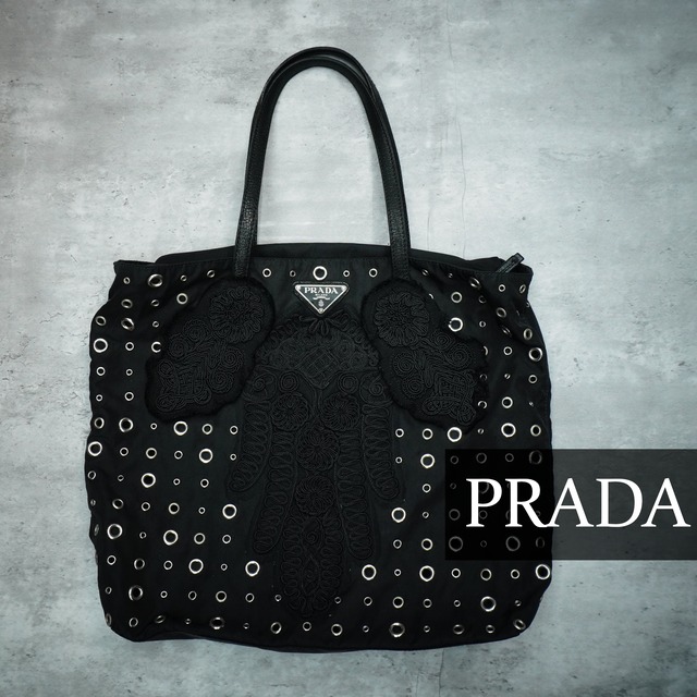 PRADA】プラダ vintage パンチングデザイン刺繍レザー切替ナイロン 