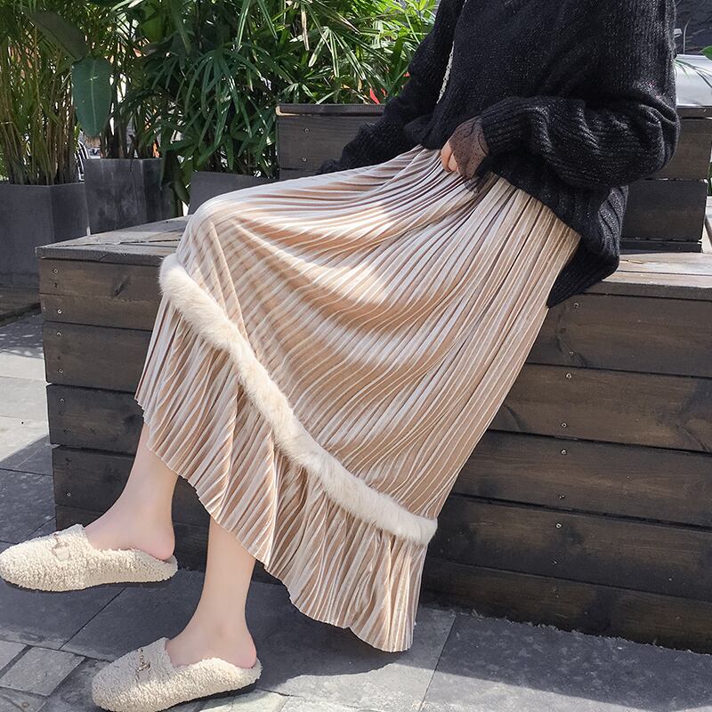 スカート レディース プリーツスカート ミモレ丈 スリム タイト 細身 Aライン ハイウエスト ウエストゴム ファー 異素材MIX かわいい 大人可愛い きれいめ シンプル カジュアル 大人 上品 おしゃれ 大人女子 キュート ガーリー エレガント 送料無料 フリーサイズ ゆったり ブラック グレー ベージュ シャンパン 無地 10代 20代 30代 40代 OL 通勤 学生 通学 デート お出かけ 女子会 着回し お揃い 韓国系 ファッション スタイル 楽ちん モテ 体型カバー トレンド 流行