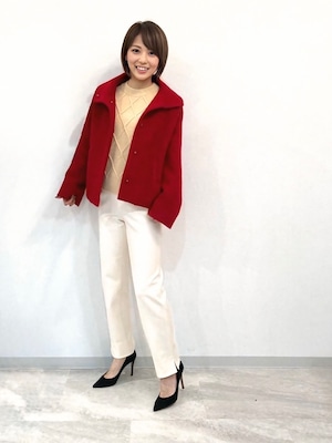 ケーブル×布帛スリーブ異素材ニット