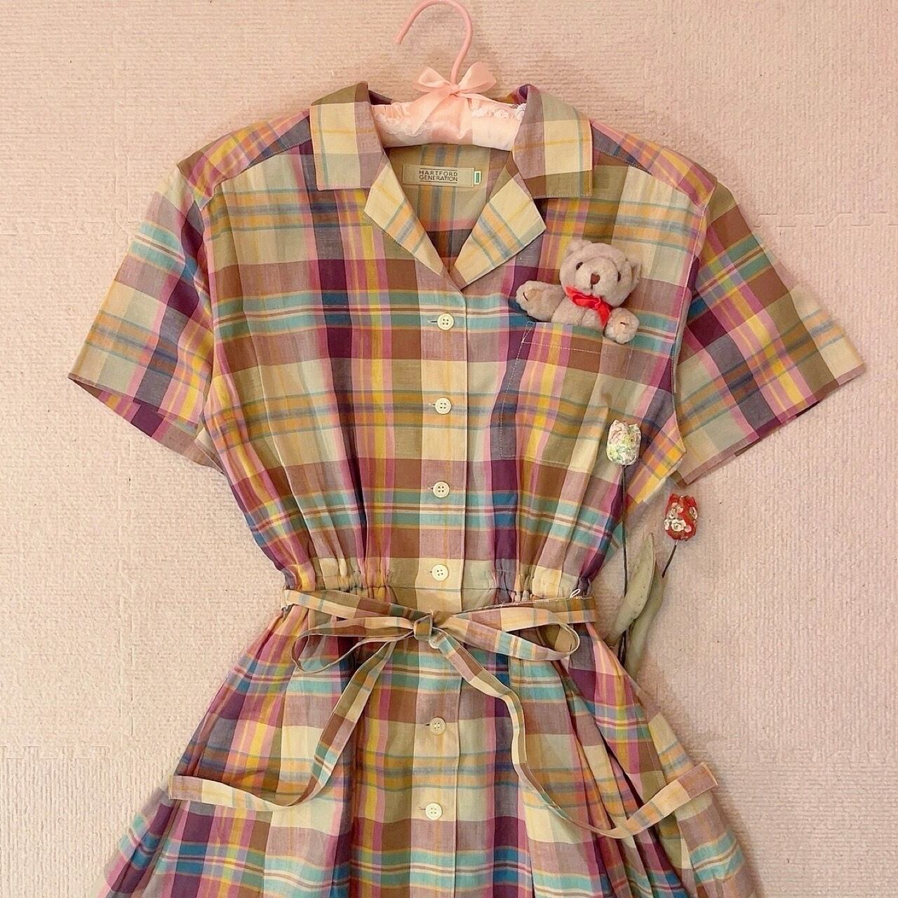yellow pink check open collar one-piece