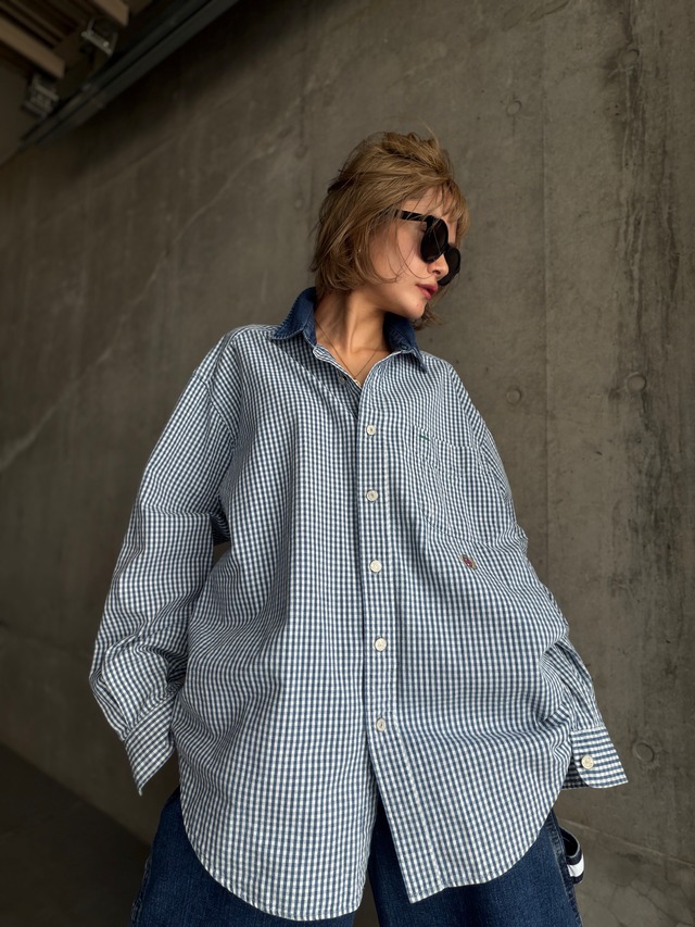 (SH1424)90’s TOMMY HILFIGER gingham check denim shirt
