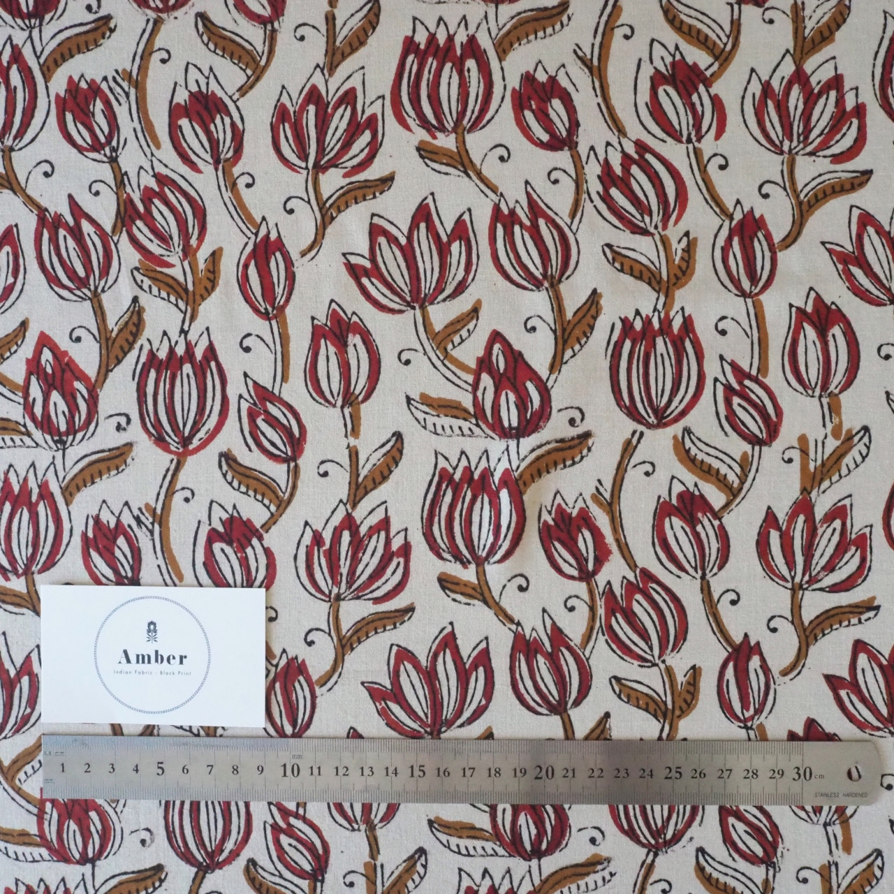 ブロックプリント生地【50cm単位】インド綿 花柄 生成り×赤×黄土色 #50510-WT1