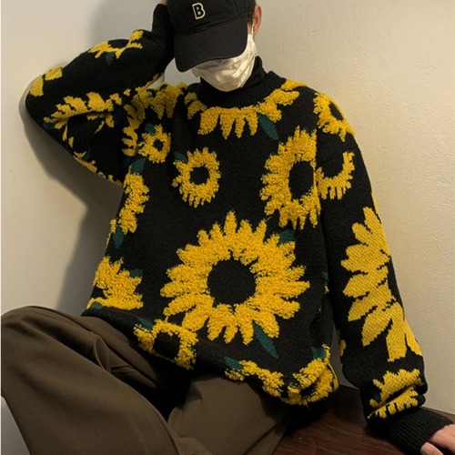 【予約販売】ニット セーター オーバーサイズ ヒマワリ柄 花柄 タートルネック メンズ ブラック アイボリー こなれ感 ストリート お洒落 韓国 トレンド 秋冬 M/L/XL