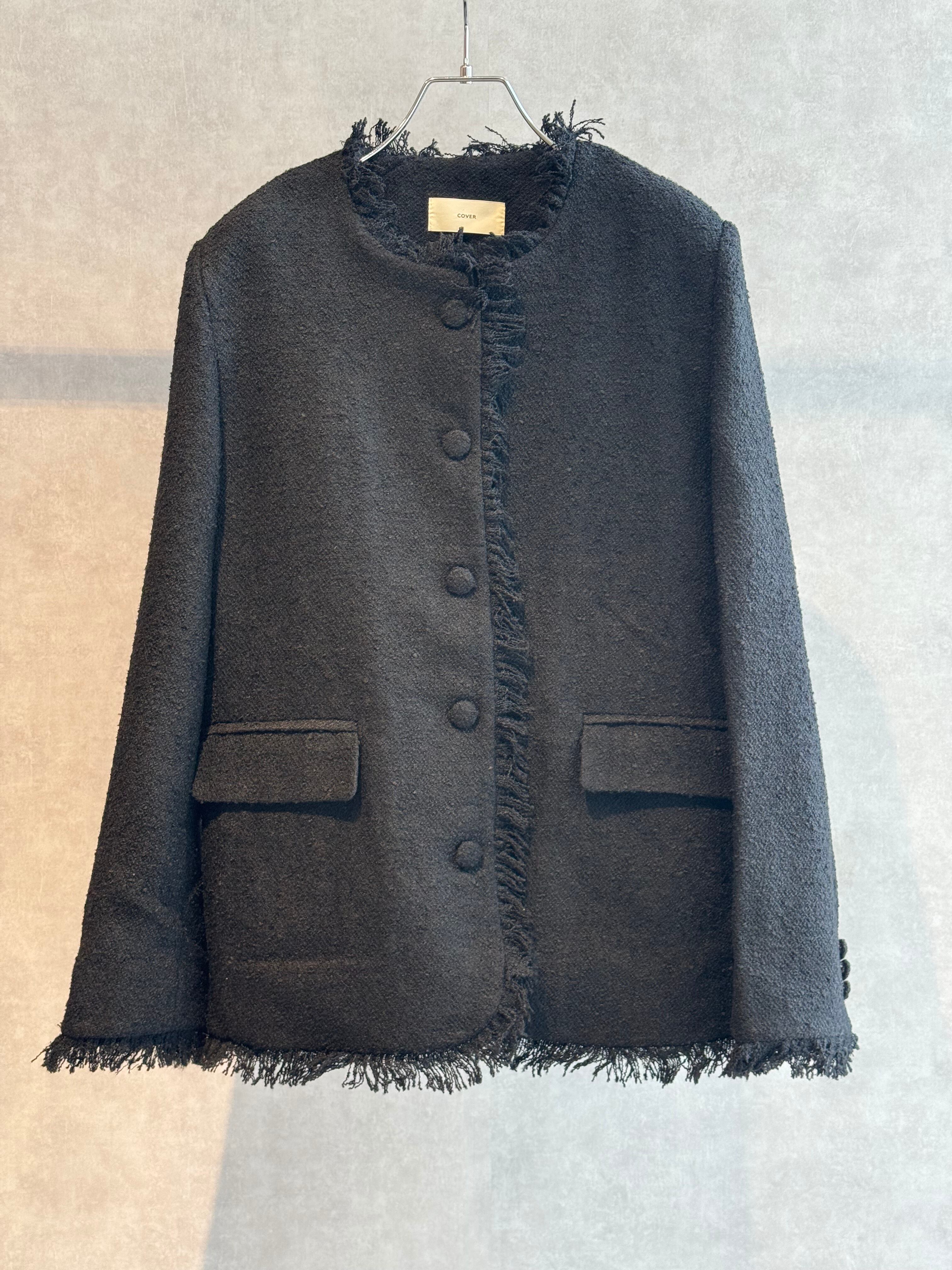 tweed fringe no collar paddet jacket