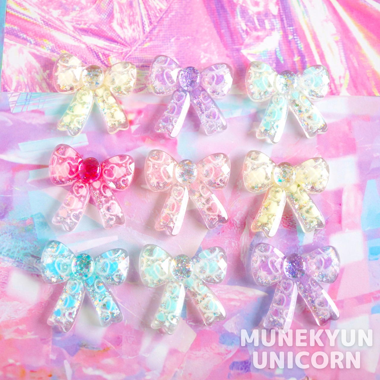 #D671【1個/1pc】キラキラ ラメ プリント入り リボン パーツ/ Sparkly glitter printed ribbon cabochon