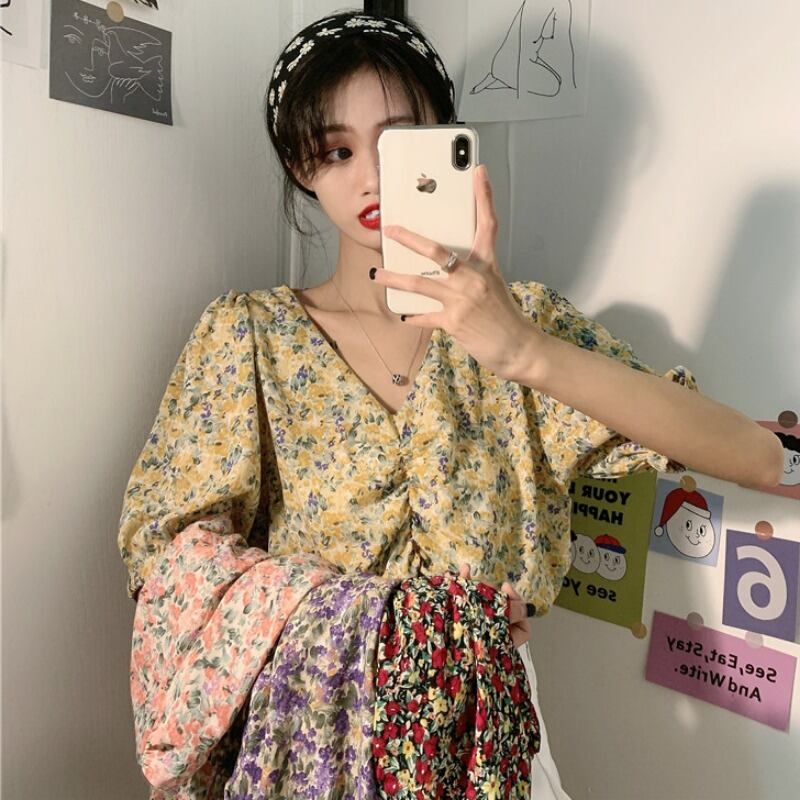 パフスリーブ半袖シャツ2020新しい夏のスタイルのデザインニッチフローラルシャツレディースプリーツトップ 1号婦人46740290822