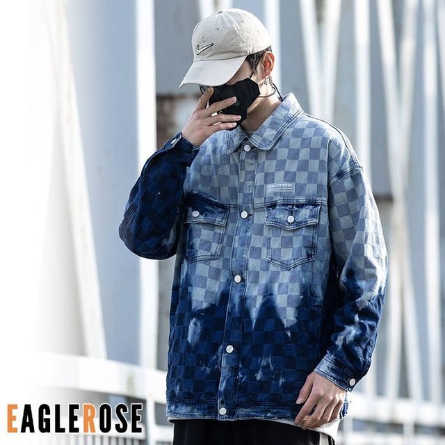 デニムジャケット チェッカーボード 絞り染め グラデーションジャケット ストリート ルーズ メンズ 韓国ファッション E248 Eaglerose イーグルローズ 韓国メンズファッション通販サイト