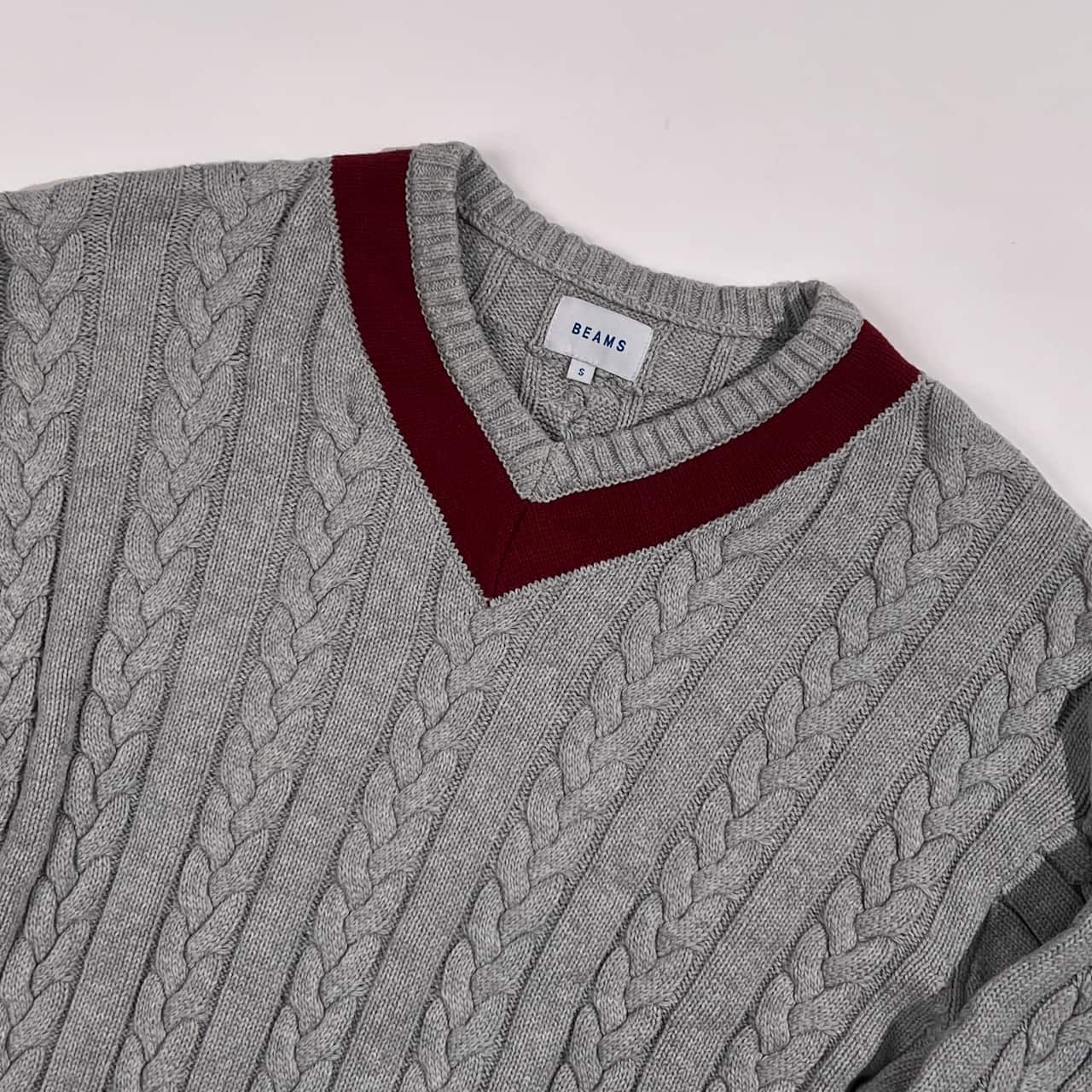BEAMS ビームス Vネック ケーブル編み コットン チルデンニット セーター S/グレー系 メンズ