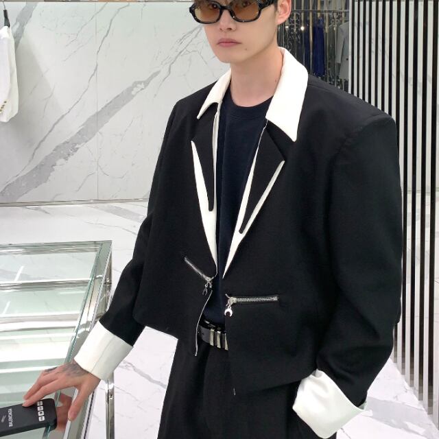 【予約販売】ジャケット 無地 バイカラー モード ショート丈 メンズ ブラック モノトーン ドレスアップ シック 結婚式 パーティー こなれ感 お洒落 韓国 トレンド M/L/XL