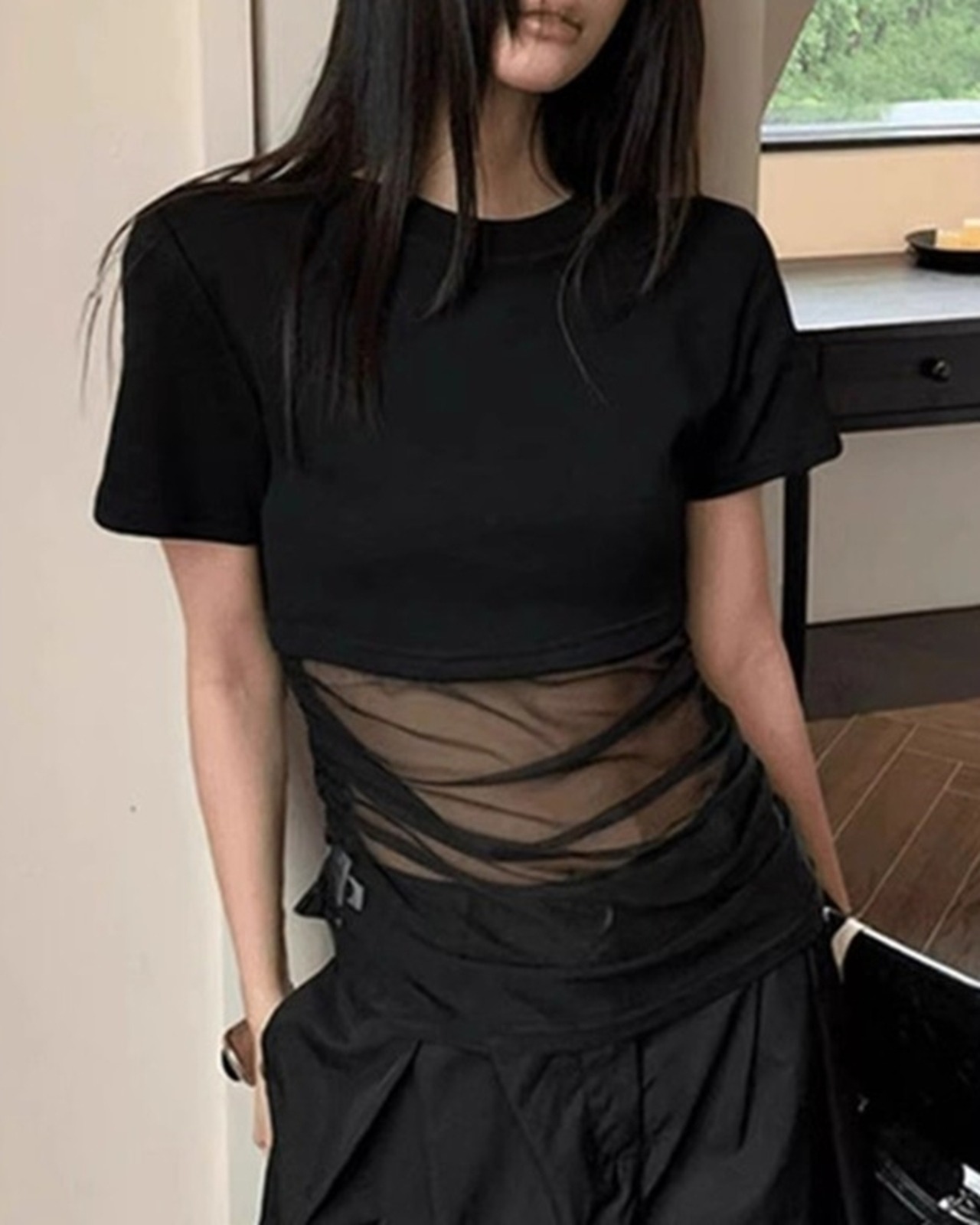 シアー切替ドレープ半袖Tシャツ 2color A1011 - 3
