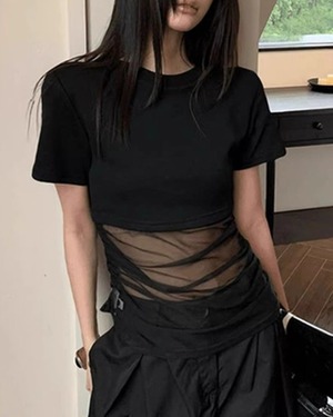 シアー切替ドレープ半袖Tシャツ 2color A1011