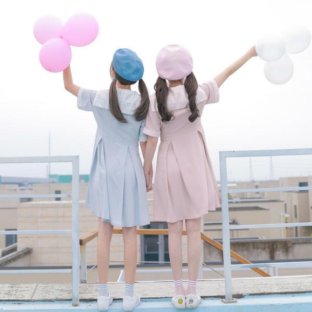 双子コーデ セーラー服 ワンピース  ピンク ブルー かわいい 韓国ファッション ラブリー