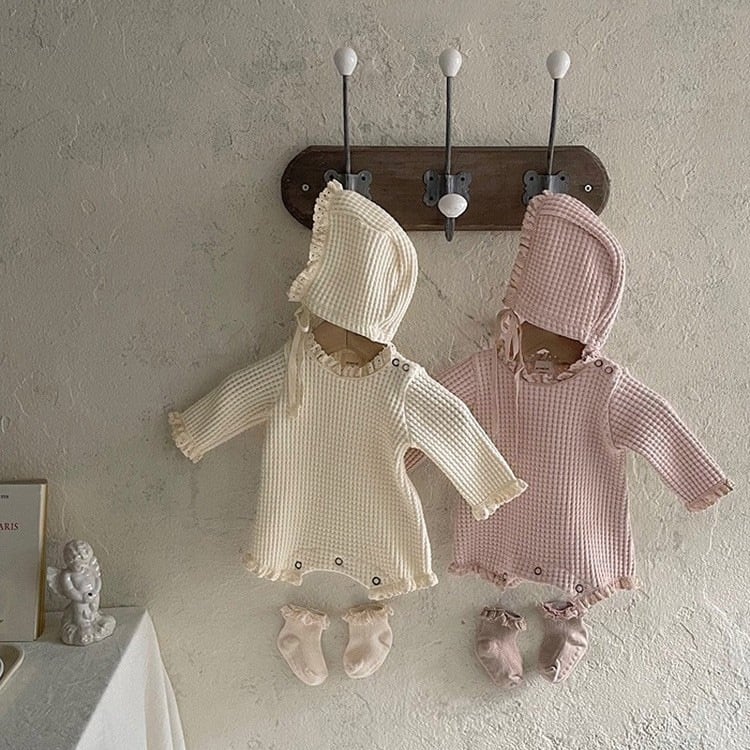 【BABY】韓国風 レースワッフルロンパース