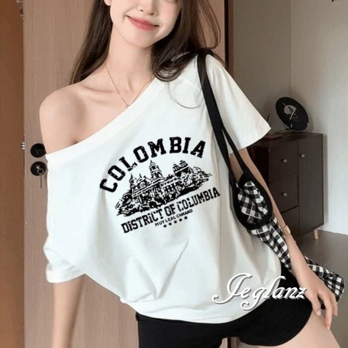 3色 Tシャツ トップス ロゴ ワンショル カジュアル 肌見せ(MA457)ρ